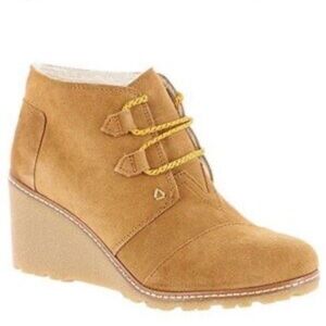 Toms Lunata Lace-Up Wheat Suede Boots wedge heels sterling lining Sz 7.5